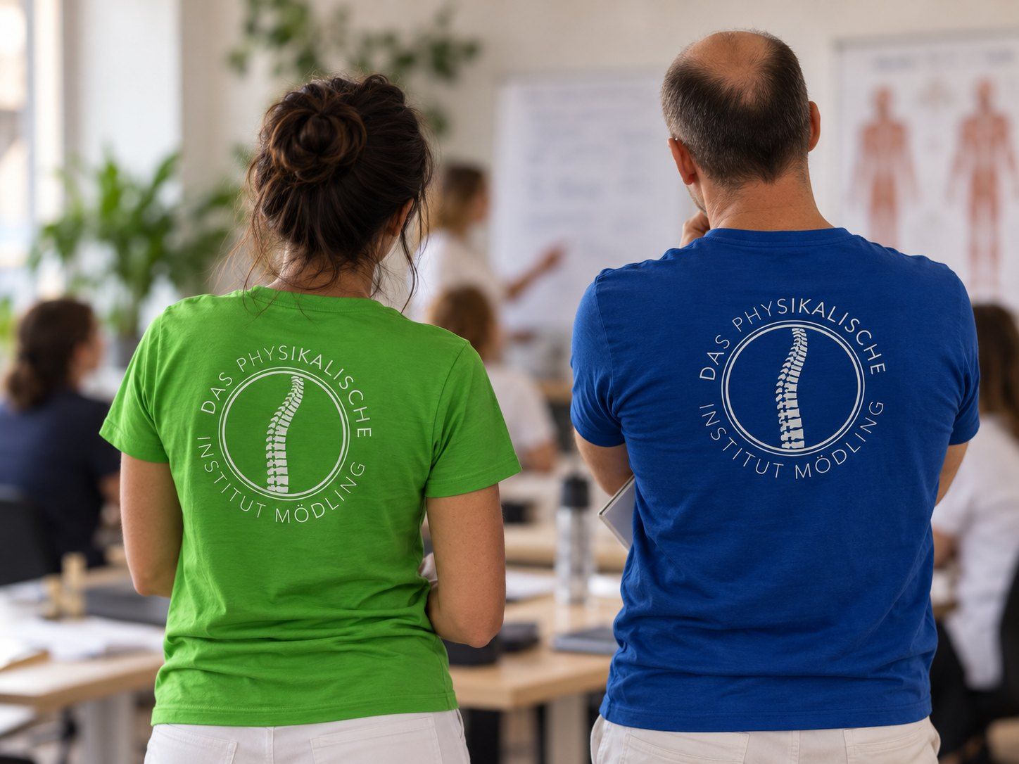 Team des Physikalischen Instituts in T-Shirts mit Rückenlogo, grün und blau