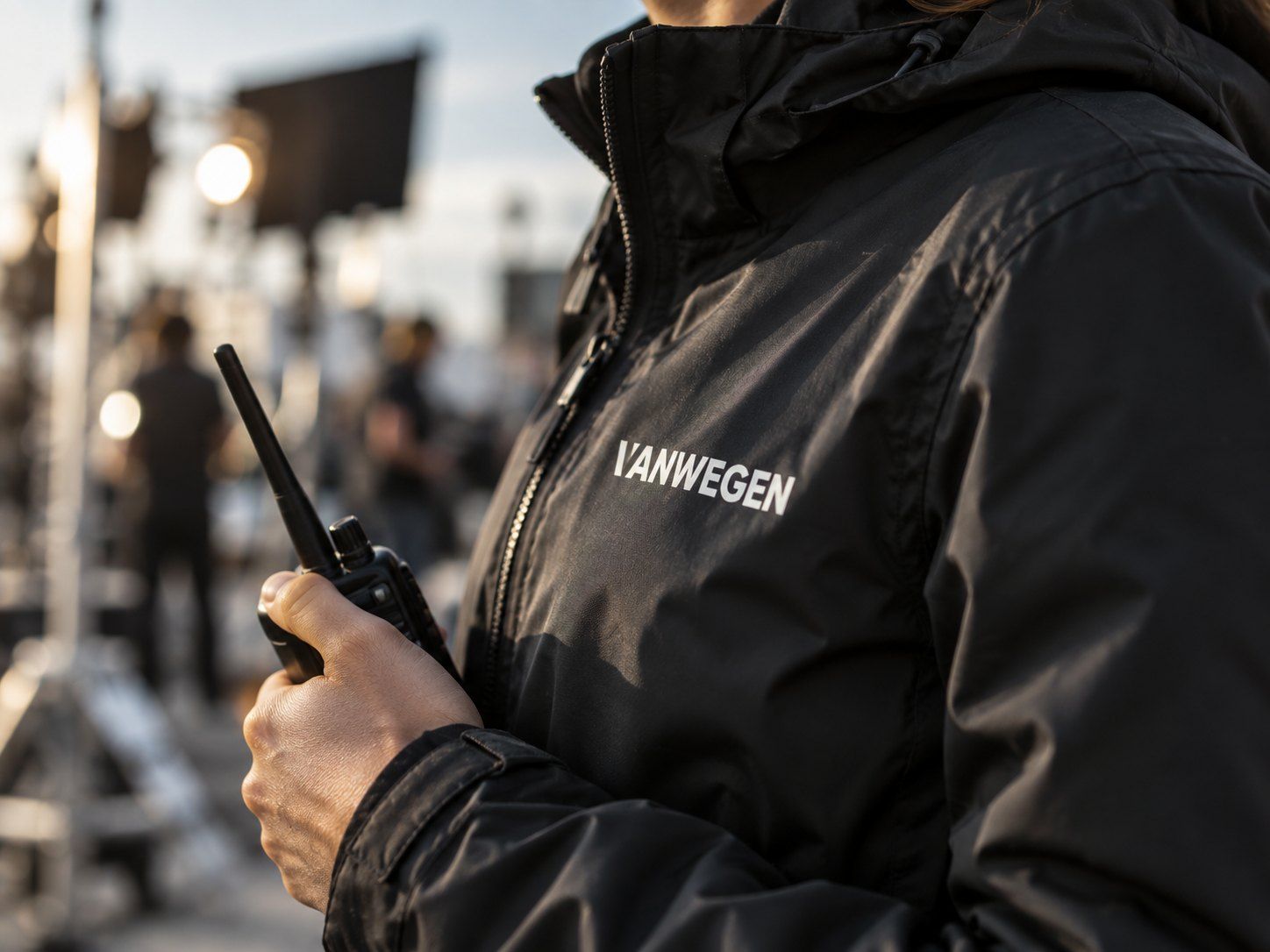 Schwarze Regenjacke mit gedrucktem VANWEGEN-Logo am Filmset